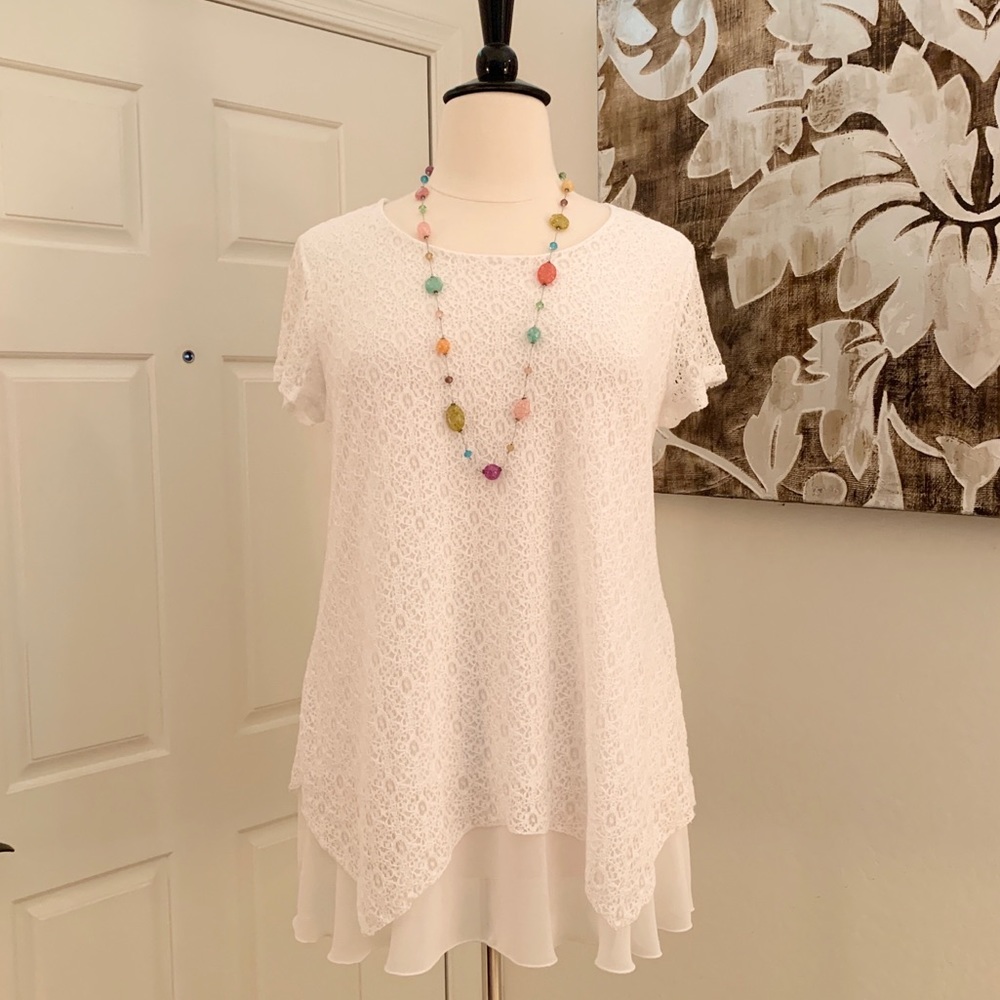 Style & Co White Lacy Overlay Top w/ Chiffon Hem
